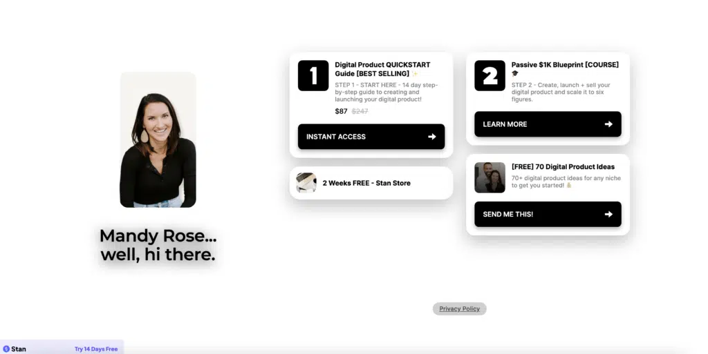 screenshot of my wife's personal Stan Store account.